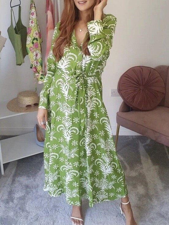 Dresses & Skirts - Zara Lilou Vacation Coastal Belted Midi Floral Green Resort Long Sleeve Dress